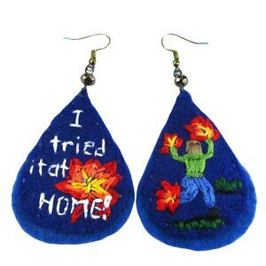Funny Meme "I tried it at HOME!" Person on Fire, Handmade Embroidered Earrings